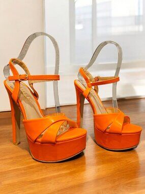 Orange Satin Open-Toe Platform High Heels With Ankle Strap